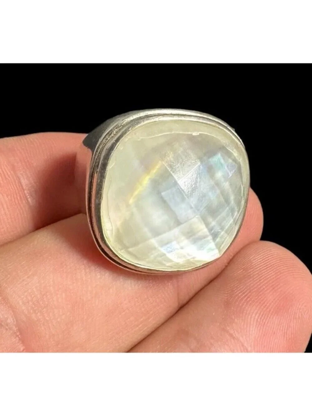 925 FAS Faceted Quartz Mother of Pearl Dome Cocktail Wide Ring Size 8.25